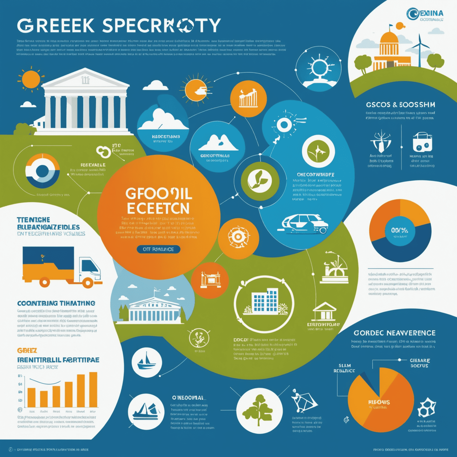 Infographic που δείχνει τους κορυφαίους αναπτυσσόμενους τομείς στην ελληνική οικονομία, με εικονίδια για τον τουρισμό, την τεχνολογία και τις ανανεώσιμες πηγές ενέργειας